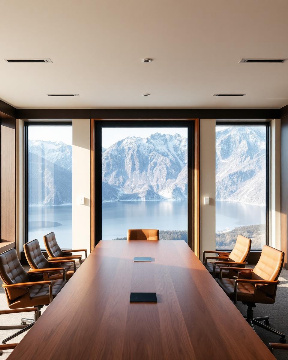Minimalist boardroom overlooking mountains