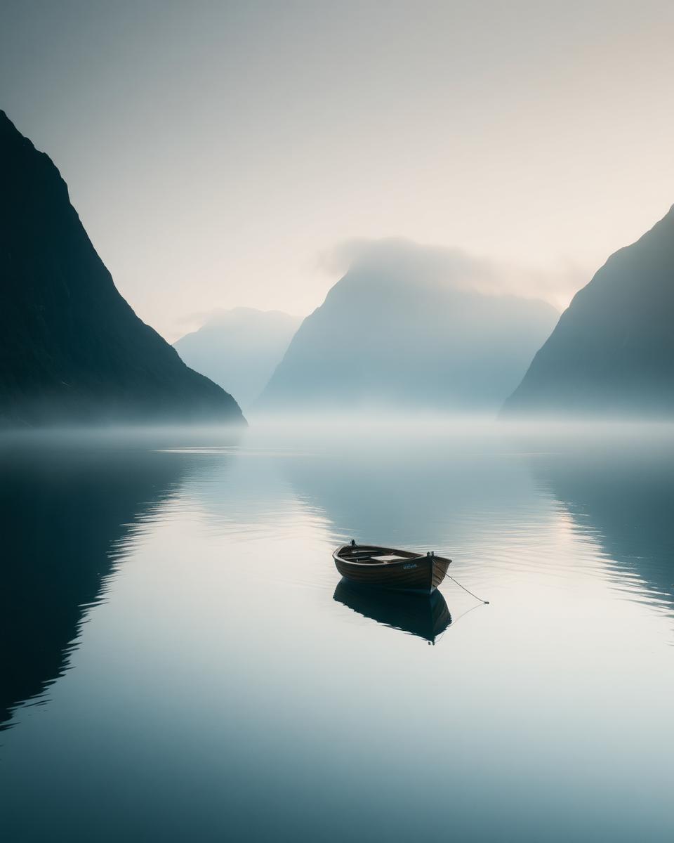 Wooden boat on a still misty fjord at dawn